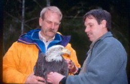two men holding bald eagle